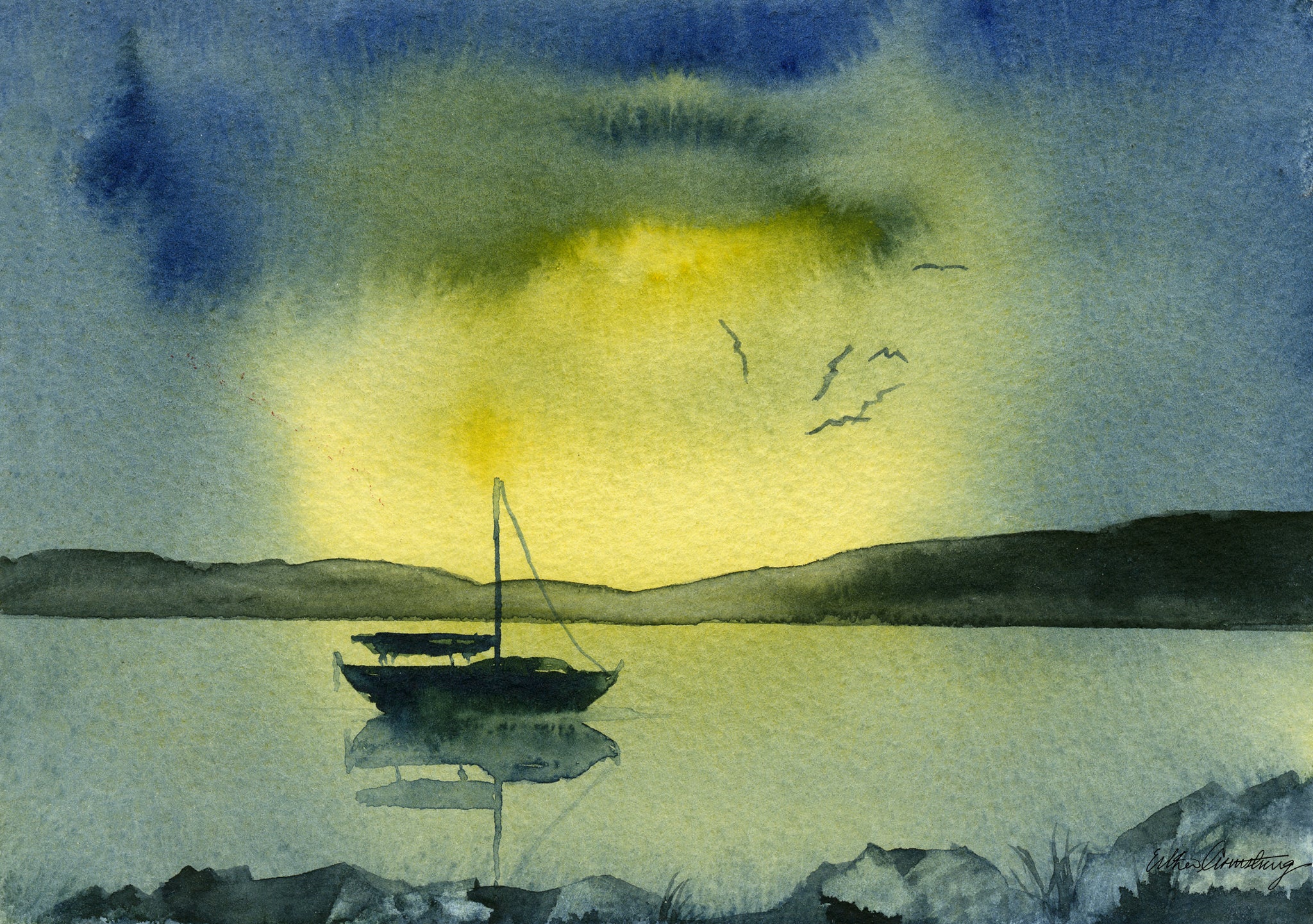 A6 mounted print of a watercolour yacht in a scottish loch