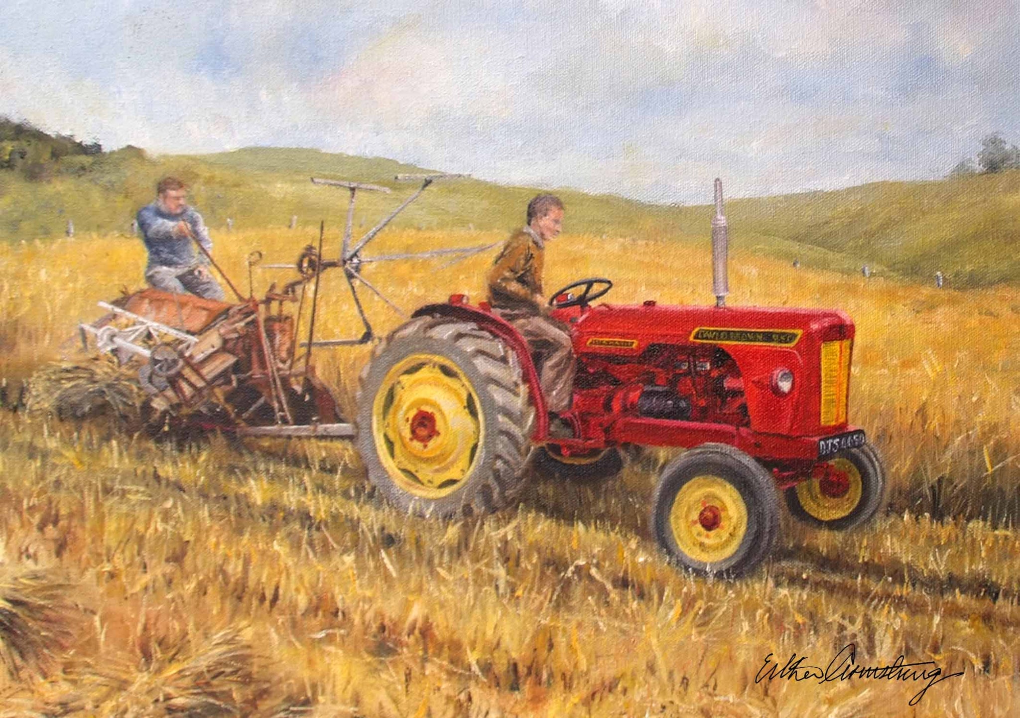 A6 mounted print of a David Brown tractor at the harvest